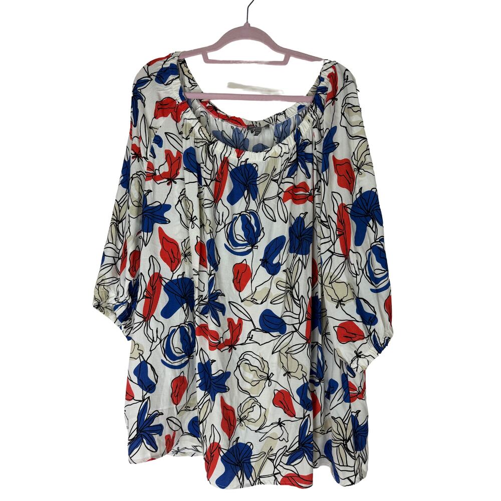 Ulla Popken White w/Blue Red Black Flowers Long Sleeve Tunic Blouse Size 20/22